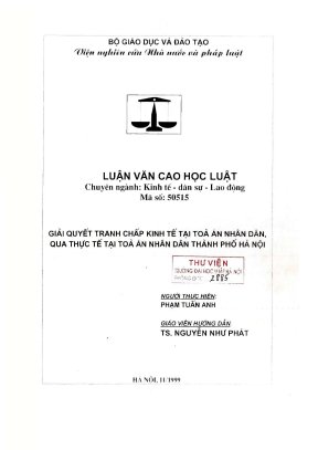 Luận văn thạc sĩ luật học giải quyết tranh chấp kinh tế tại toà án nhân dân qua thực tế tại toà án nhân dân thành phố hà nội