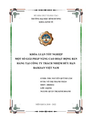 Một số giải pháp nâng cao hoạt động bán hàng tại công ty trách nhiệm hữu hạn baiksan việt nam khóa luận tốt nghiệp