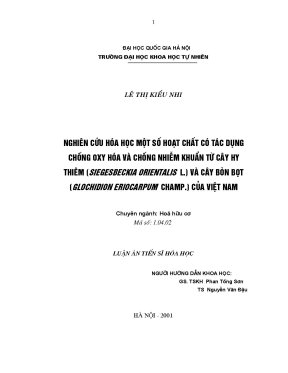 Luận án tiến sĩ nghiên cứu hoá học một số hoạt chất có tác dụng chống oxy hoá và chống nhiễm khuẩn từ cây hy thiêm siegesbeckia orientalis l và cây bòn bọt glochidion eriocarpum champ của việt nam