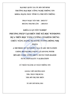 Khóa luận tốt nghiệp kỹ thuật phần mềm phương pháp tạo biến thể mã độc windows dựa trên học tăng cường có kiểm chứng chức năng bằng so sánh tương đồng nhị phân