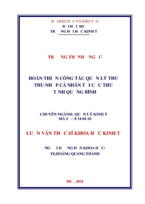 Luận văn thạc sĩ quản lý kinh tế hoàn thiện công tác quản lý thuế thu nhập cá nhân tại cục thuế tỉnh quảng bình