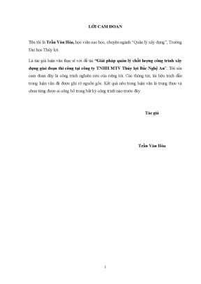 Luận văn thạc sĩ giải pháp quản lý chất lượng công trình xây dựng giai đoạn thi công tại công ty trách nhiệm hữu hạn một thành viên thủy lợi bắc nghệ an