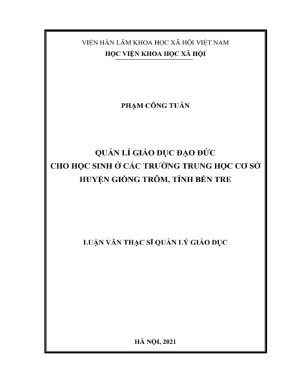 Luận văn thạc sĩ quản lý giáo dục quản lí giáo dục đạo đức cho học sinh ở các trường trung học cơ sở huyện giồng trôm tỉnh bến tre