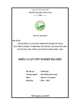 Luận văn thạc sĩ ảnh hưởng của sự phát triển đô thị đến sử dụng đất nông nghiệp và đời sống người dân tại thị trấn bắc sơn huyện bắc sơn tỉnh lạng sơn